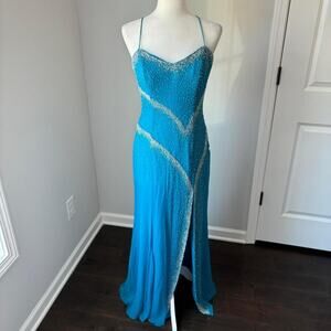 vintage y2k early 2000s silk beaded deep back blue prom homecoming dress